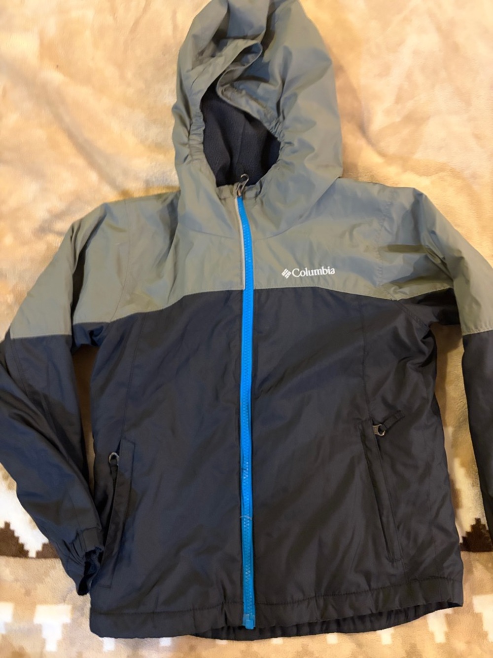 Columbia Kids Hooded Two-Tone Rain Jacket - Gray & Black with Blue Zipper